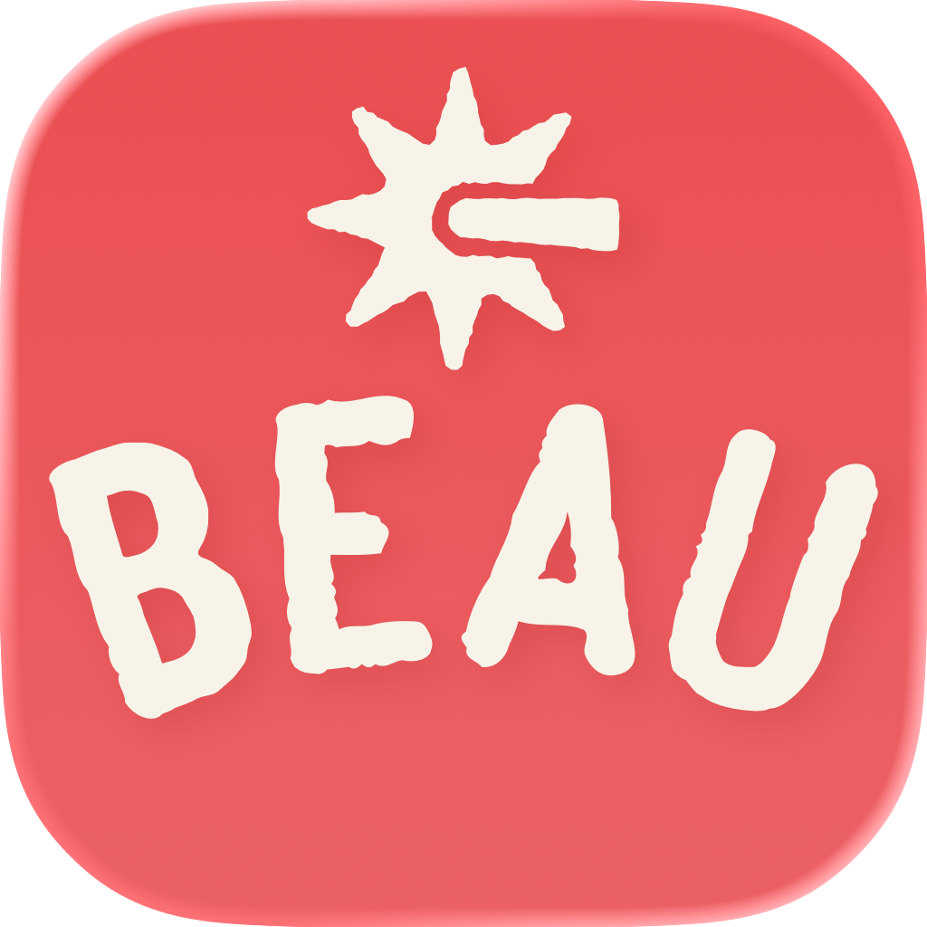 The Beau app icon: the spur mark above the word BEAU, in cream on a coral rounded square.